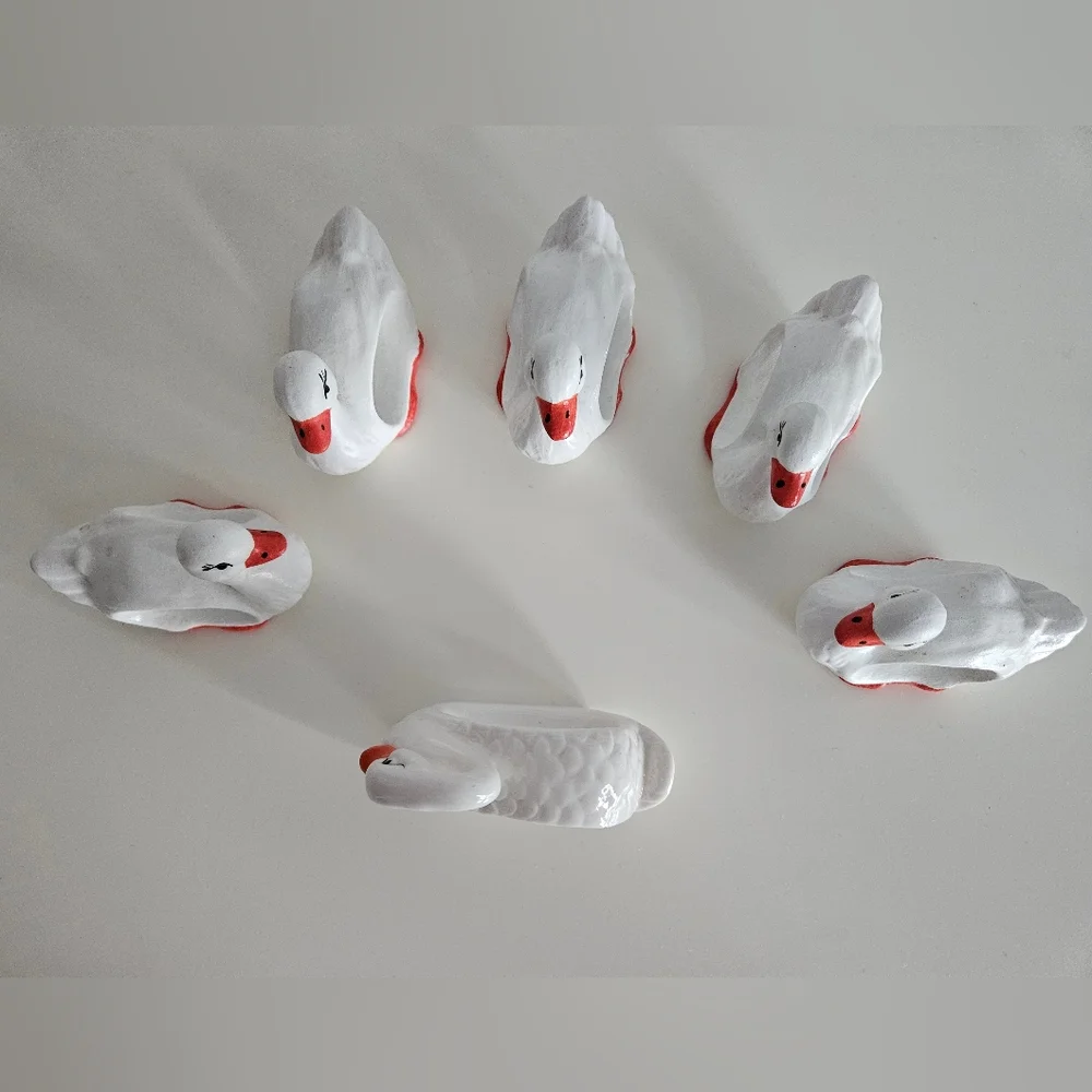 Swan & Ducks White Ceramic Napkin Rings x 6
